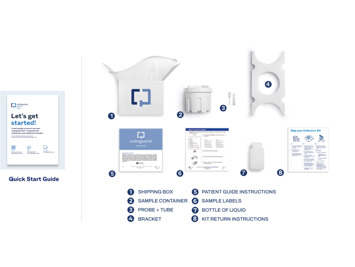 Cologuard collection kit contents and instructions shown for at-home sample collection.