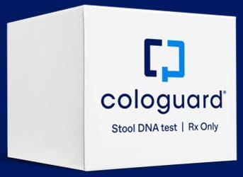 Cologuard stool DNA test kit on a blue background.