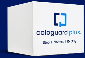 Cologuard Plus stool DNA test kit on a blue background.