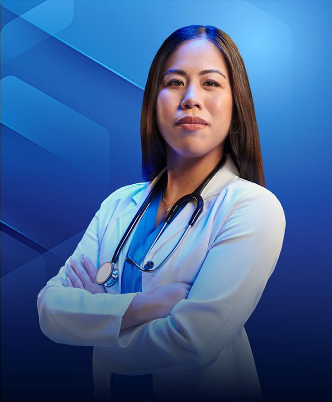 Belinda Khou, PA, in a white coat and stethoscope, smiling with arms crossed. 