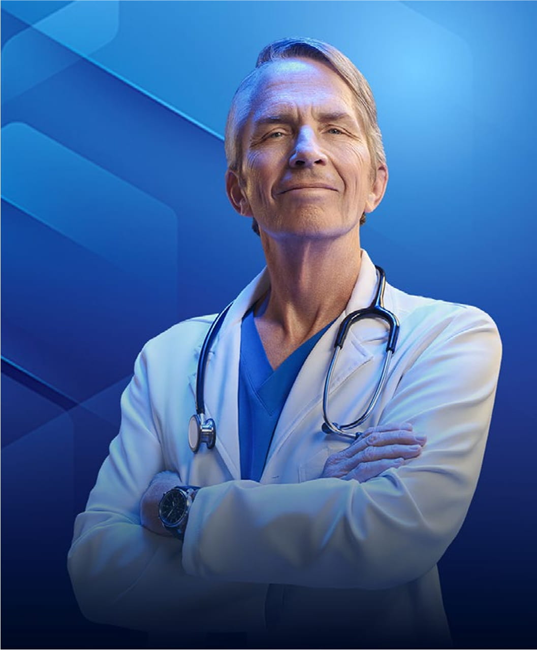 Dr James Schultz, MD, in a white coat and stethoscope, smiling with arms crossed.