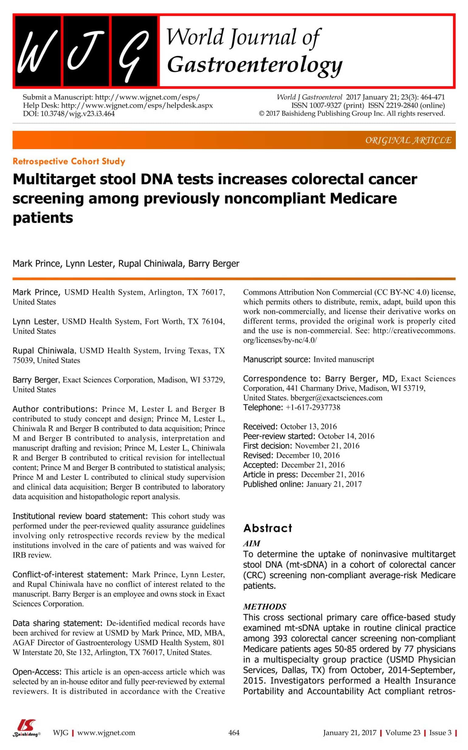 World Journal of Gastroenterology | Multitarget stool DNA test increases colorectal cancer screening among previously noncompliant Medicare patients.