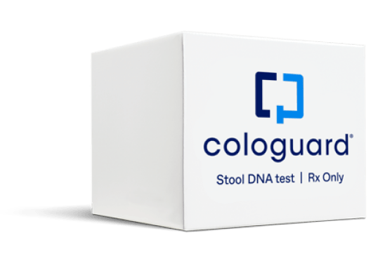 Cologuard stool DNA test kit shown next to text about ordering options.
